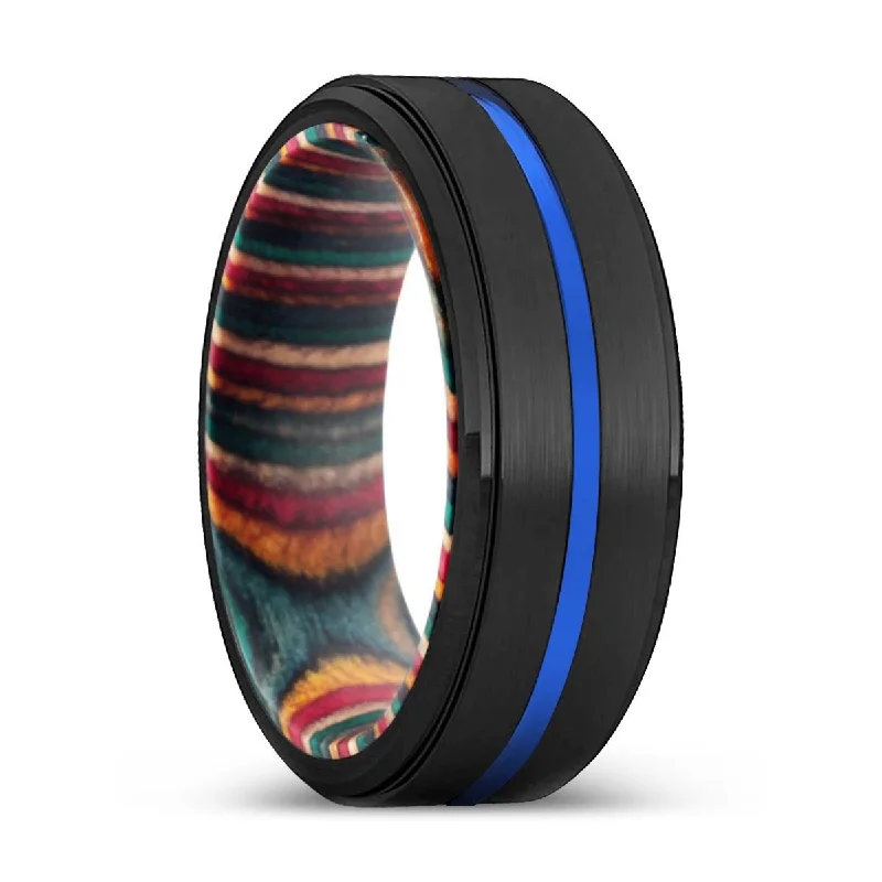 Women’s fashion ring for everyday-JIMMY | Multi Color Wood, Black Tungsten Ring, Blue Groove, Stepped Edge