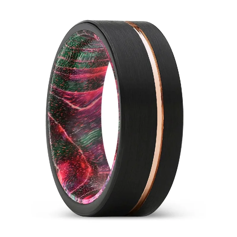 Women’s gold engagement ring-BRAWN | Green & Red Wood, Black Tungsten Ring, Rose Gold Offset Groove, Brushed, Flat