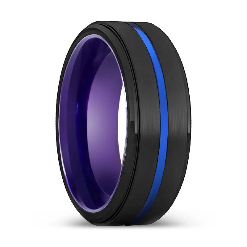 Women’s solitaire wedding ring-MISFIT | Purple Ring, Black Tungsten Ring, Blue Groove, Stepped Edge