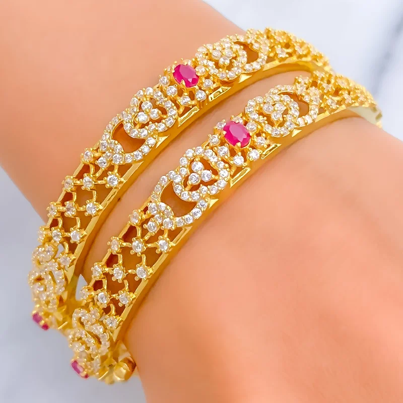 Women’s boho bracelet-Radiant Impressive 22k Gold CZ Floral Bangle Pair