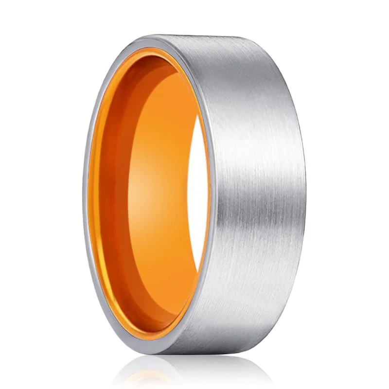 Women’s round diamond engagement ring-NUTMEG | Orange Ring, Silver Tungsten Ring, Brushed, Flat