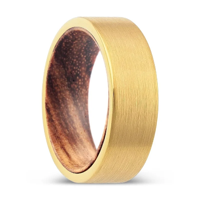 Women’s ring with emerald cut diamond-URBENWOOD | Zebra Wood, Gold Tungsten Ring, Brushed, Flat