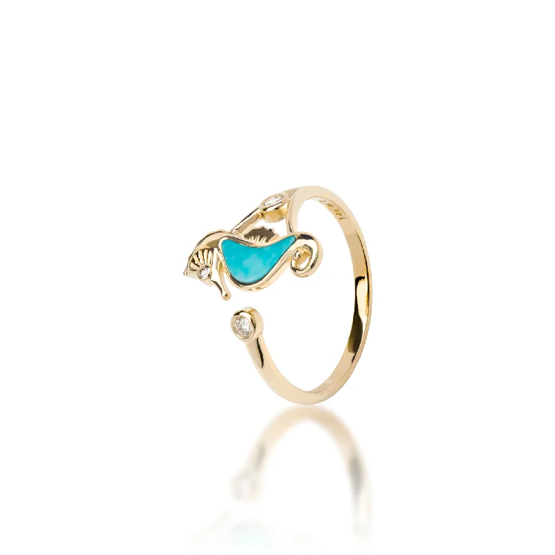 Women’s vintage style engagement rings-Sealife Seahorse Turquoise Ring in Gold with Diamonds - 15mm