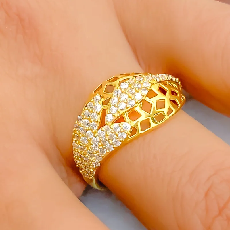 Women’s engagement ring with big stone-Charming Flowing 22k Gold CZ Statement Ring