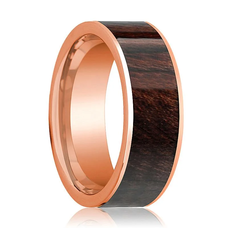 Women’s platinum wedding ring-14k Rose Gold Flat Men's Wedding Band with Bubinga Wood Inlay - 8MM