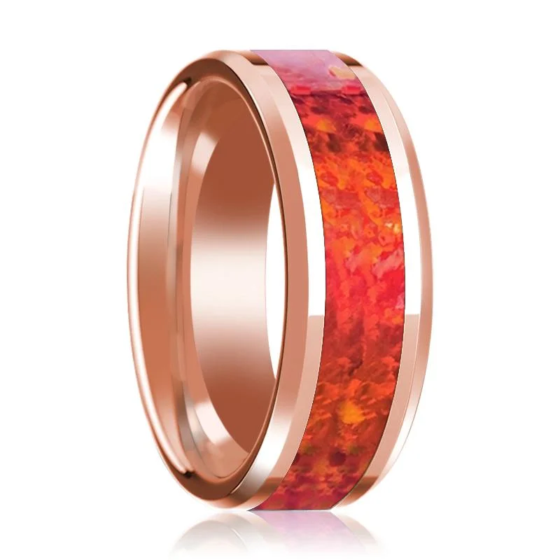 Women’s diamond eternity band-Beveled 14k Rose Gold Wedding Band for Men with Red Opal Inlay & Polished Finish - 8MM