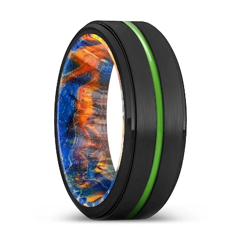 Women’s solitaire wedding ring-ROSEVILLE | Blue & Yellow/Orange Wood, Black Tungsten Ring, Green Groove, Stepped Edge