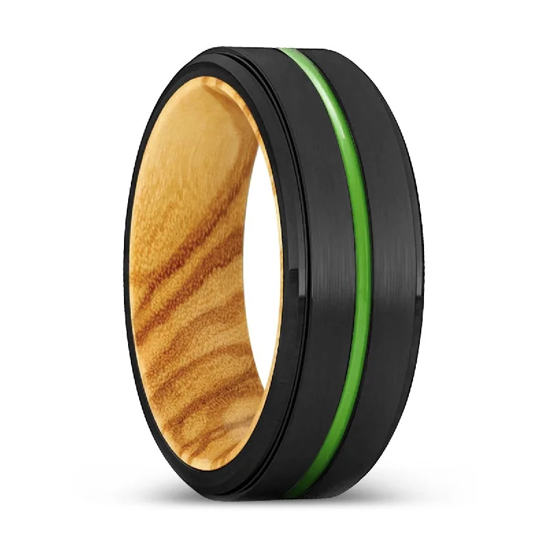 Women’s antique engagement ring-SUNNYVALE | Olive Wood, Black Tungsten Ring, Green Groove, Stepped Edge