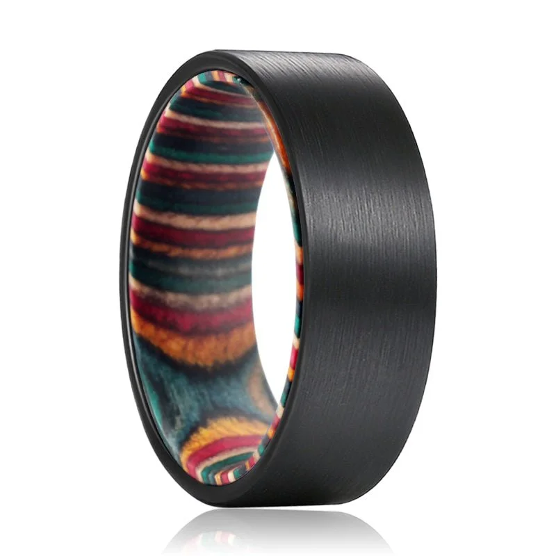 Women’s classic gold ring-ATLAS | Black Flat Tungsten Ring Multi Color Box