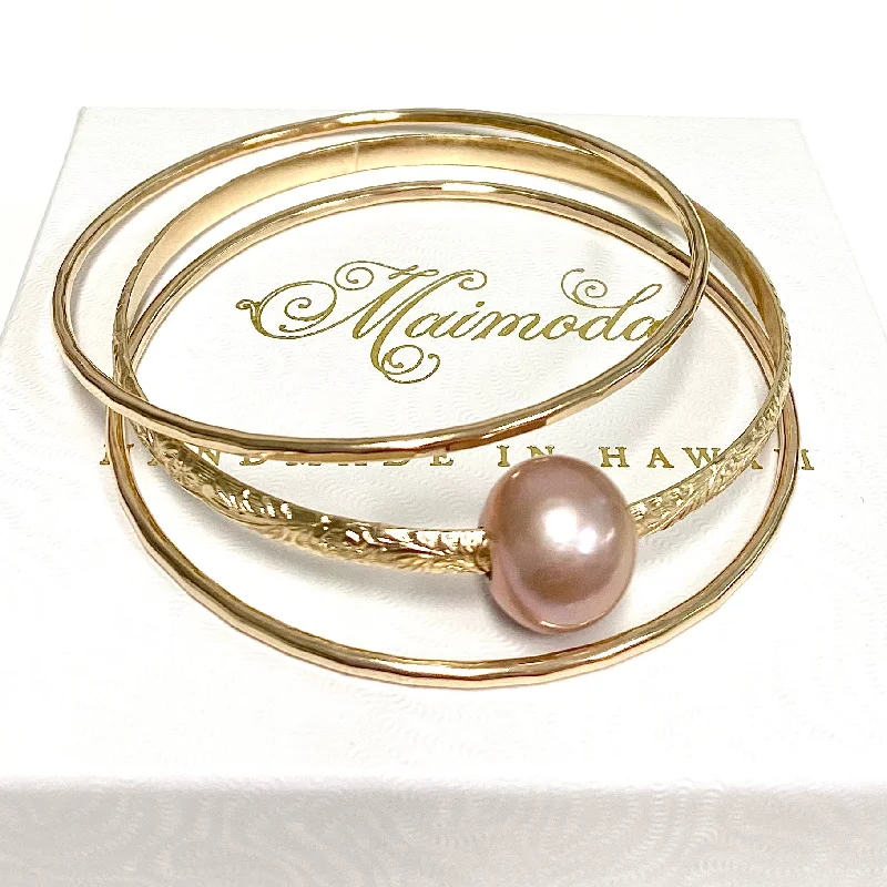 Women’s stackable gold bracelet-MOANI bangles set - pink Edison pearl (B543)