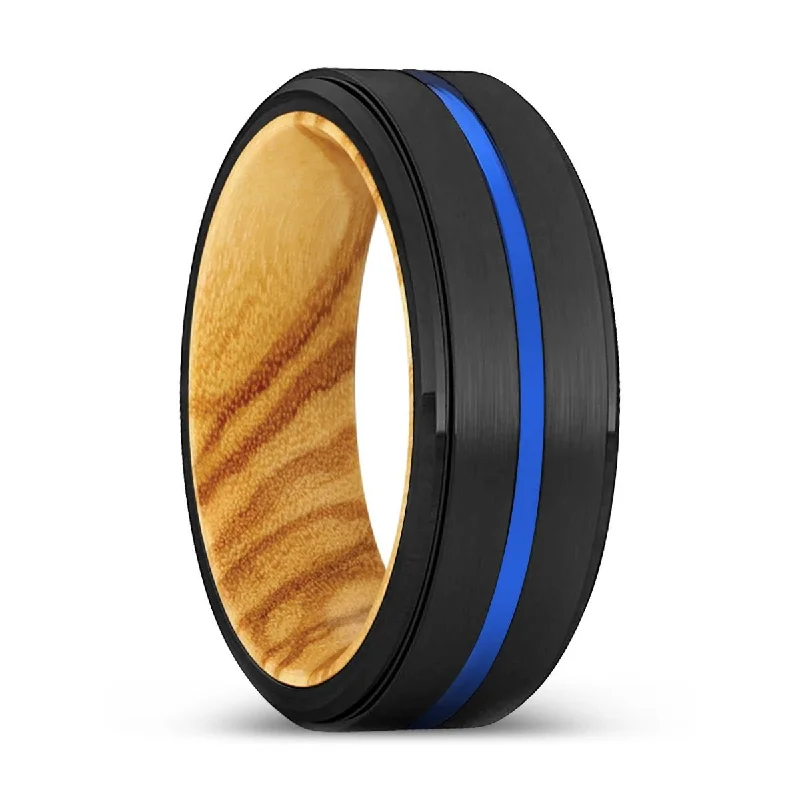 Women’s classic engagement ring-DELIGHT | Olive Wood, Black Tungsten Ring, Blue Groove, Stepped Edge