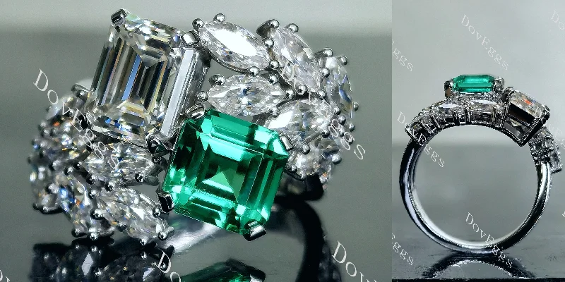 Women’s handmade engagement rings-The Kennedy emerald asscher two stones moissanite and colored gem engagement ring