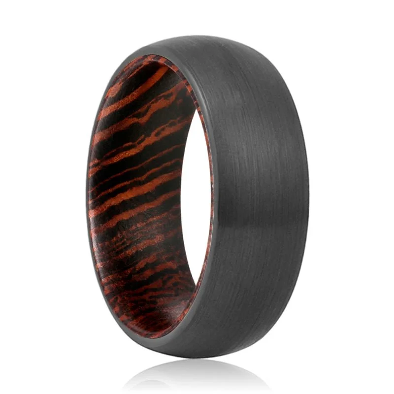 Women’s gold engagement ring-ANGELIC | Wenge Wood, Black Tungsten Ring, Brushed, Domed