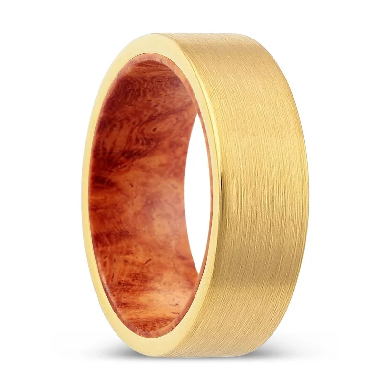 Women’s solitaire engagement ring-SKRIX | Red Burl Wood, Gold Tungsten Ring, Brushed, Flat