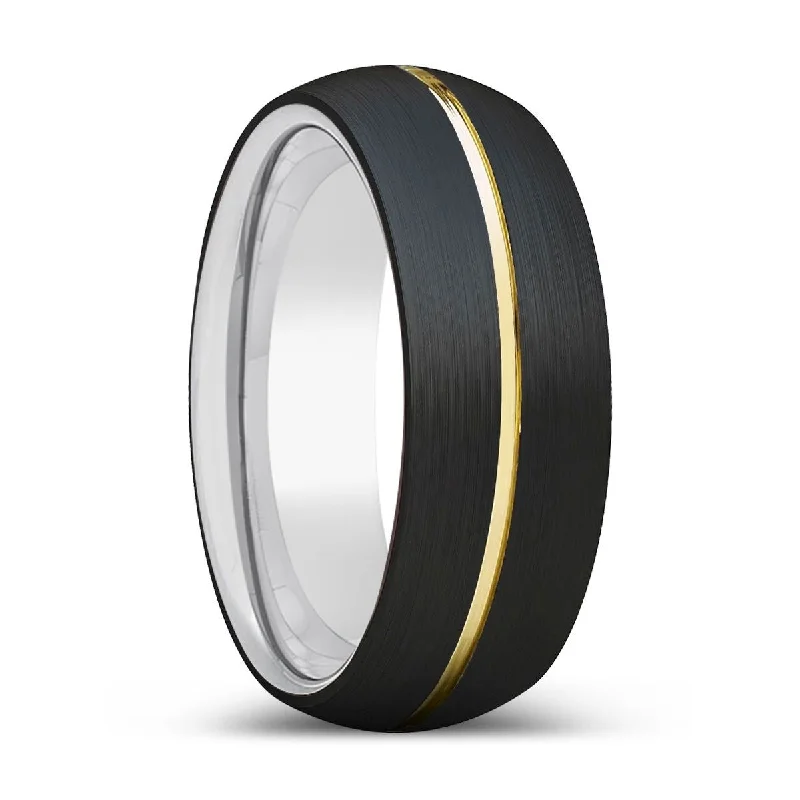 Women’s wedding ring set-NEXUS | Silver Ring, Black Tungsten Ring, Gold Groove, Domed