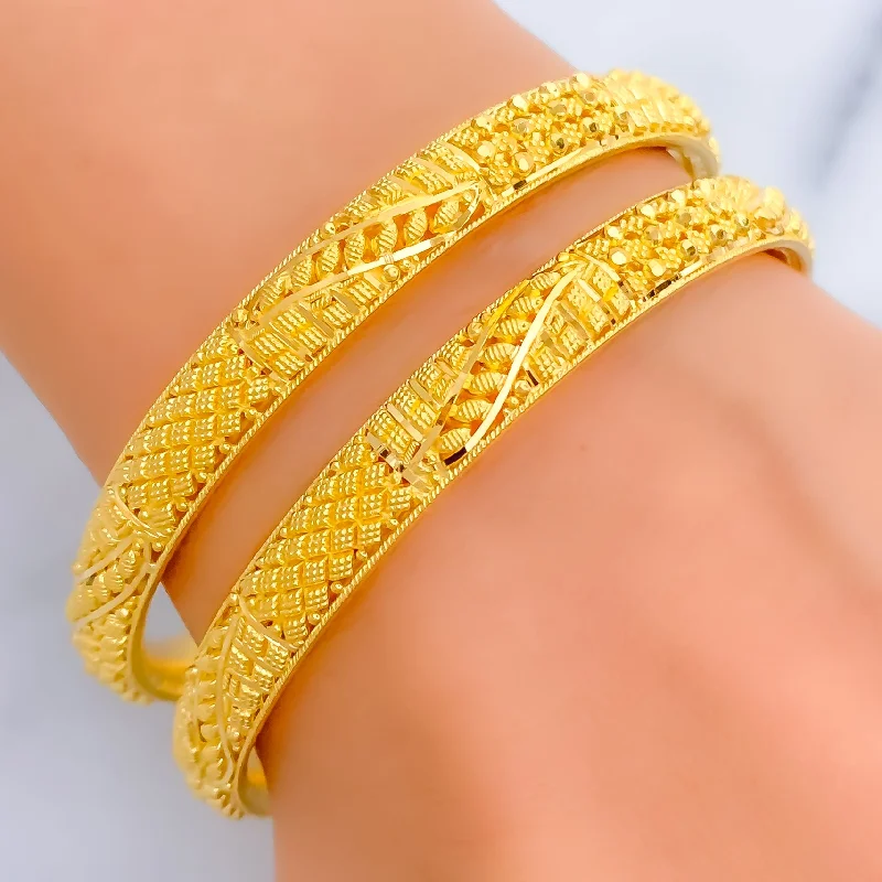 Women’s stretchy bracelet-Priceless Leaf Adorned 22k Gold Bangle Pair