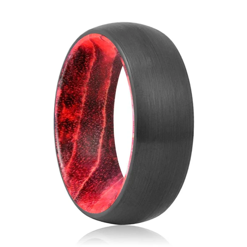 Women’s antique engagement ring-LUCAS | Black & Red Wood, Black Tungsten Ring, Brushed, Domed