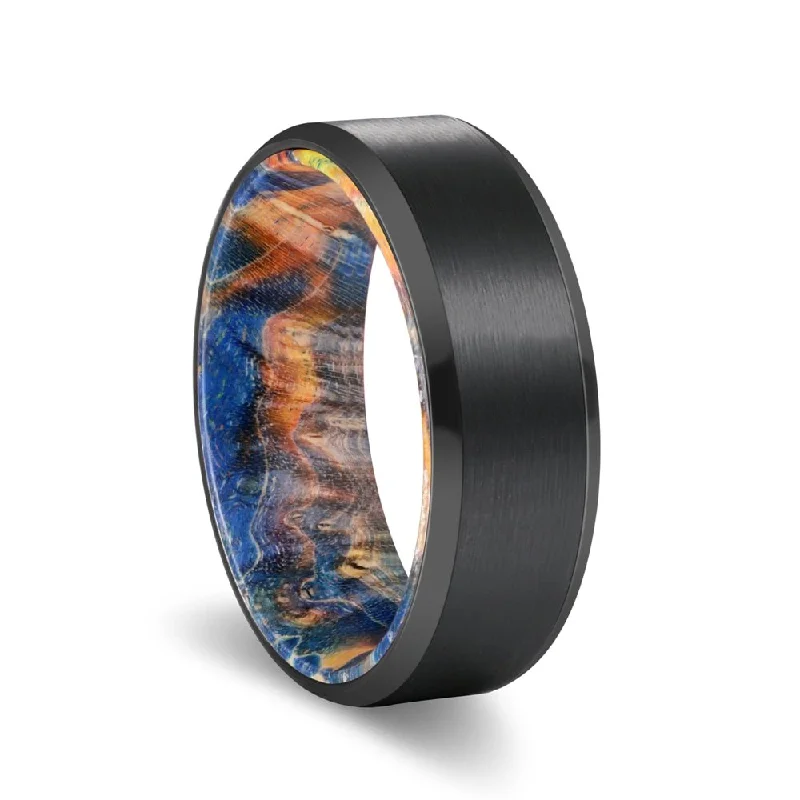 Women’s platinum engagement ring-BRADLEY | Blue & Yellow/Orange Wood, Black Tungsten Ring, Brushed, Beveled