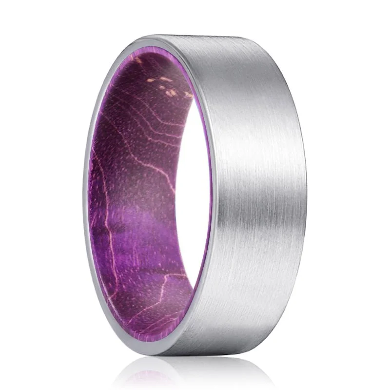 Women’s chunky engagement ring-LILAVO | Purple Wood, Silver Tungsten Ring, Brushed, Flat