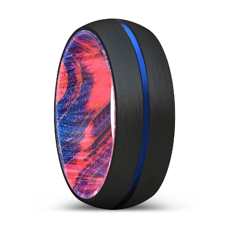 Women’s yellow gold wedding ring-OWEIN | Blue & Red Wood, Black Tungsten Ring, Blue Groove, Domed