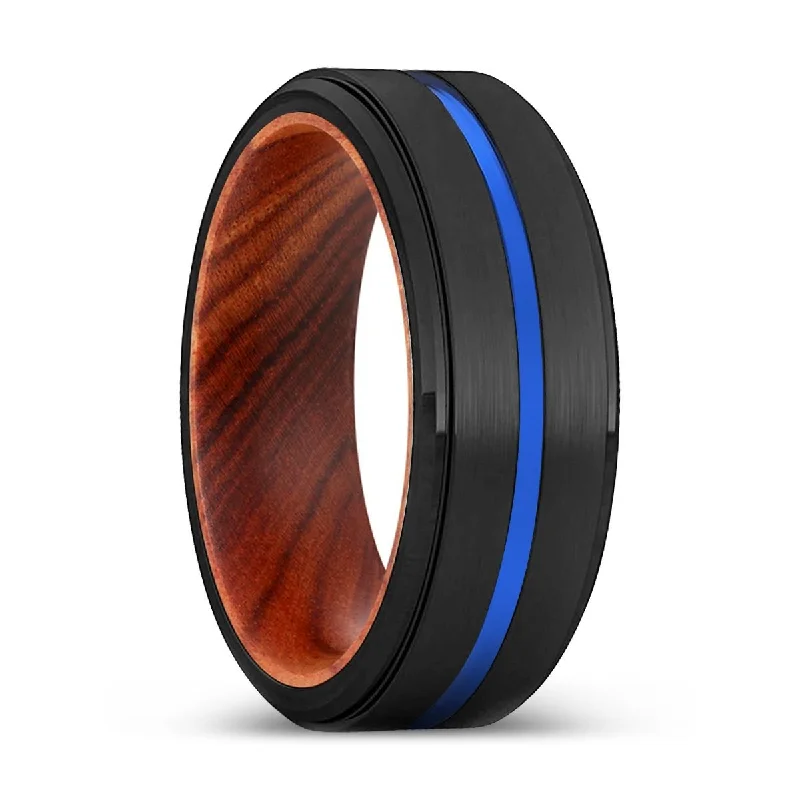 Women’s two-tone wedding ring-DOC | IRON Wood, Black Tungsten Ring, Blue Groove, Stepped Edge