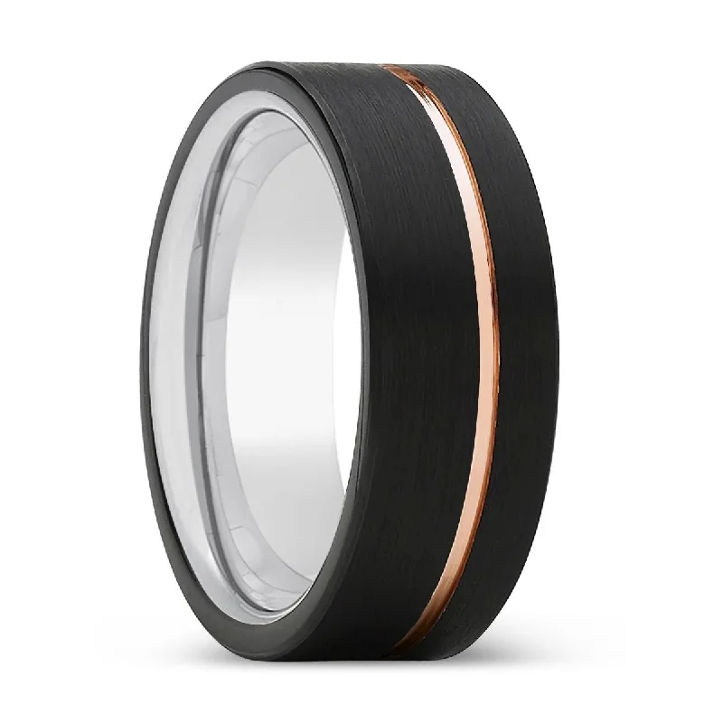 Women’s unique diamond ring-VOYAGE | Silver Ring, Black Tungsten Ring, Rose Gold Offset Groove, Brushed, Flat