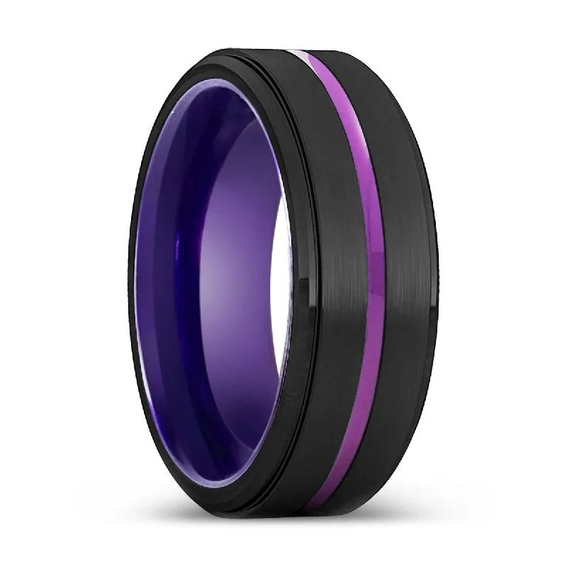 Women’s gemstone engagement ring-DARWIN | Purple Ring, Black Tungsten Ring, Purple Groove, Stepped Edge