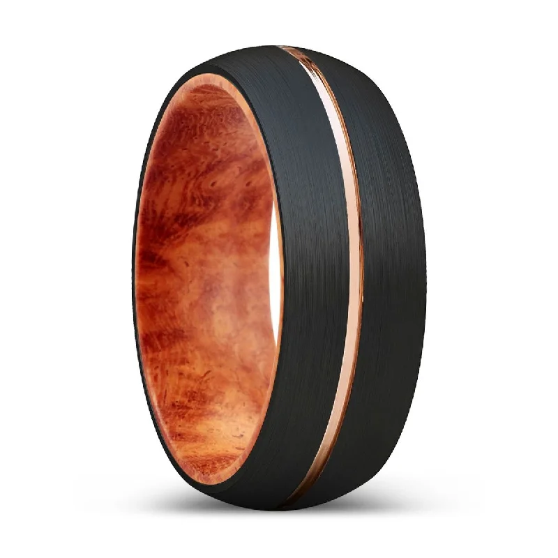 Women’s designer engagement rings-THROK | Red Burl Wood, Black Tungsten Ring, Rose Gold Groove, Domed