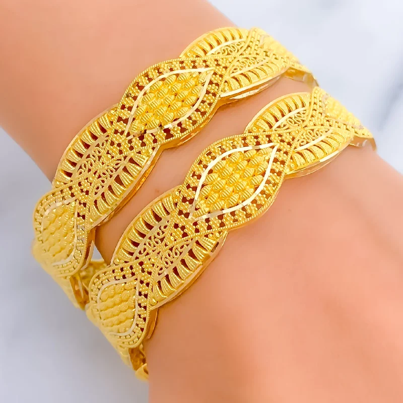 Women’s chunky gold bracelet-Checkered Leaf Adorned 22k Gold Bangle Pair