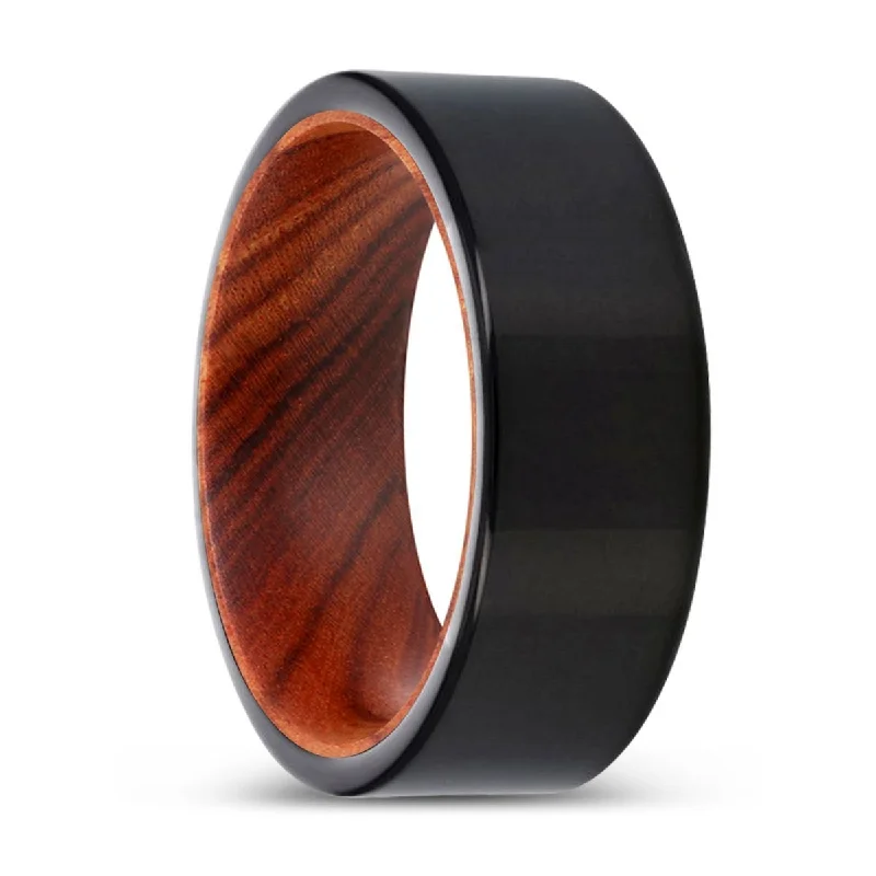 Women’s handmade wedding ring-HAMMERS | IRON Wood, Black Tungsten Ring, Shiny, Flat