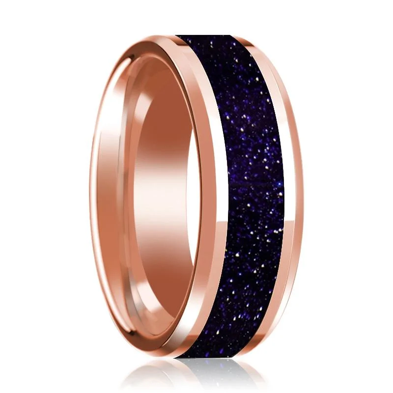 Women’s yellow gold wedding ring-Purple Gold Stone Inlaid 14k Rose Gold Polished Wedding Band for Men with Beveled Edges - 8MM