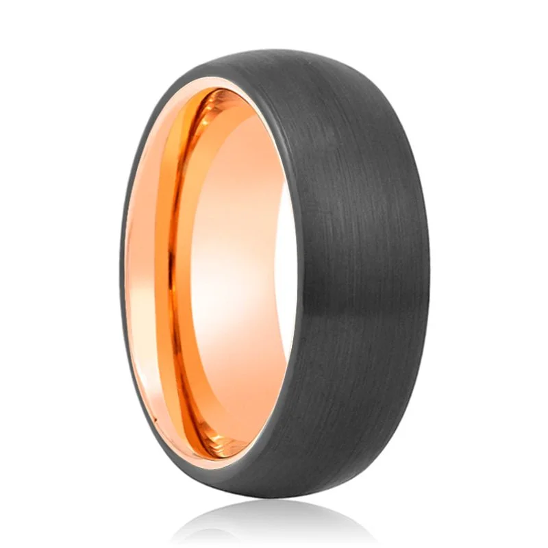 Women’s diamond ring with side stones-STARSKY | Rose Gold Tungsten Ring Black Domed