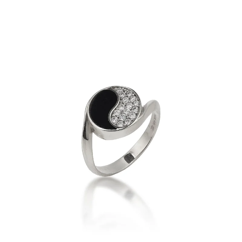 Women’s engagement rings with emeralds-Yin Yang Black Coral Ring in White Gold with Diamonds - 12mm