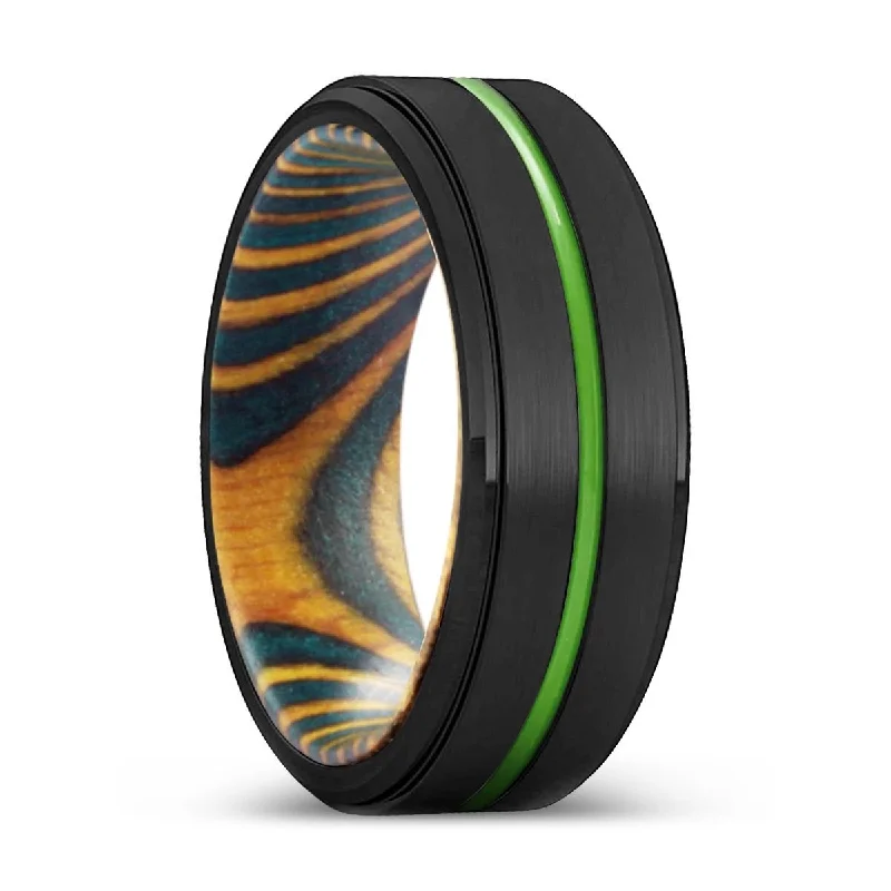 Women’s platinum ring-PONOMA | Green & Yellow Wood, Black Tungsten Ring, Green Groove, Stepped Edge