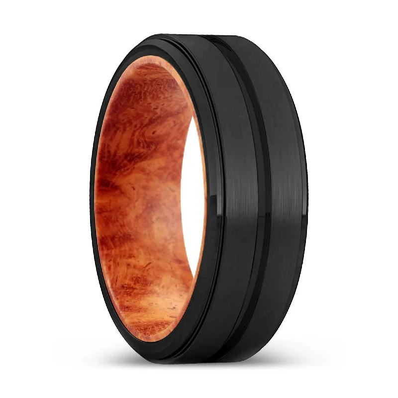 Women’s engagement rings for brides-SPICE | Red Burl Wood, Black Tungsten Ring, Grooved, Stepped Edge