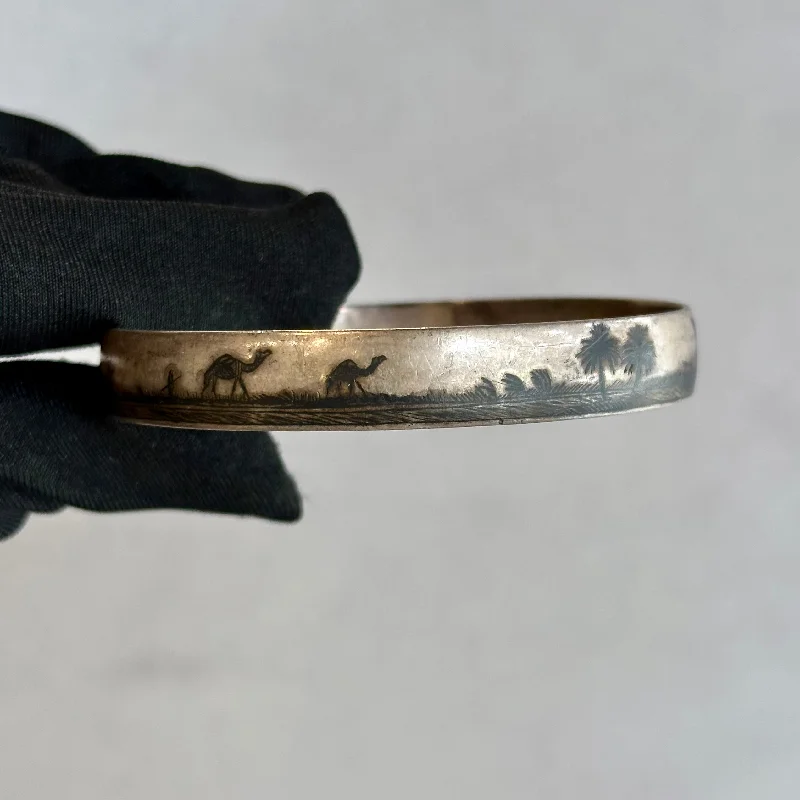 Women’s silver bracelet-Silver Vintage Iraqi Bangle - Etched Desert Scene with Camels, Palm Trees & Niello Inlay