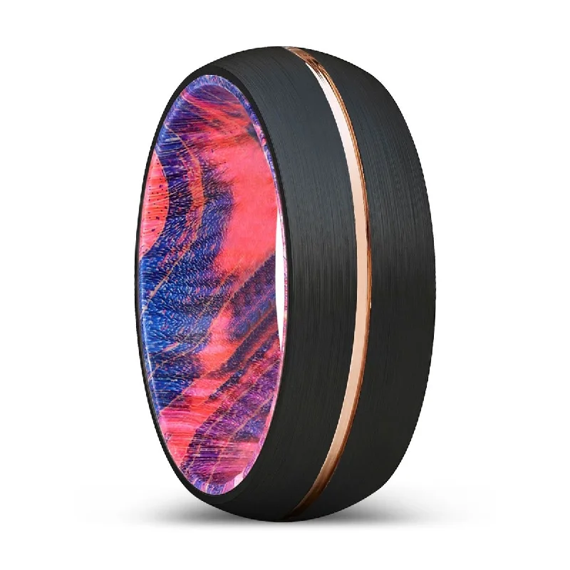 Women’s trendy gold rings-KODITE | Blue & Red Wood, Black Tungsten Ring, Rose Gold Groove, Domed