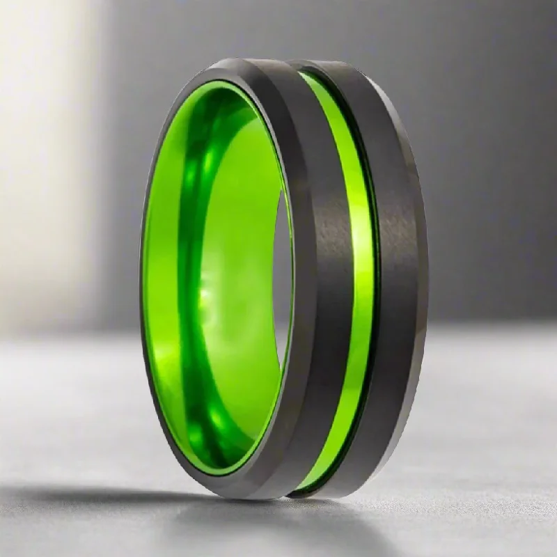 Women’s round diamond engagement ring-TESLA | Green Ring, Black Tungsten, Green Groove, Beveled Edges