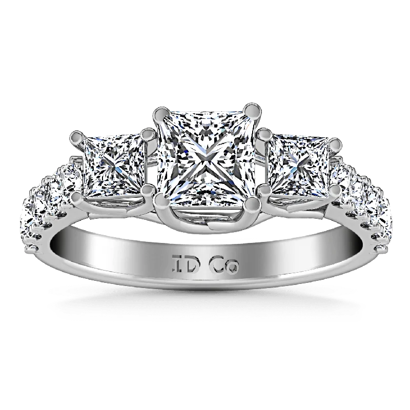 Women’s delicate engagement rings-Three Stone Princess Cut Diamond Engagement Ring Enchantment Lattice 14K White Gold