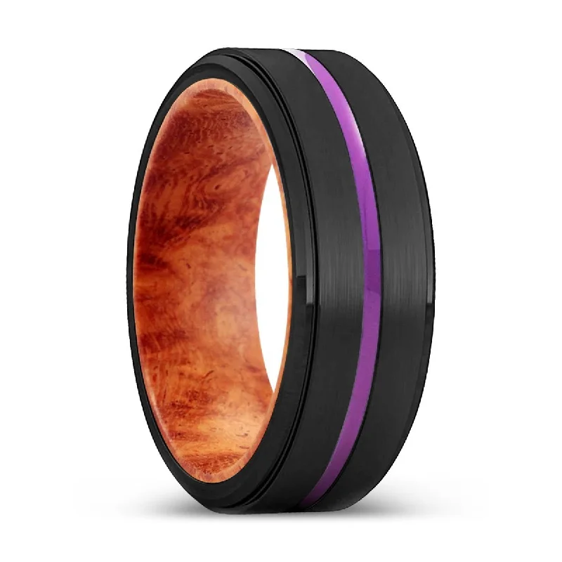 Women’s floral design engagement ring-BURNIE | Red Burl Wood, Black Tungsten Ring, Purple Groove, Stepped Edge