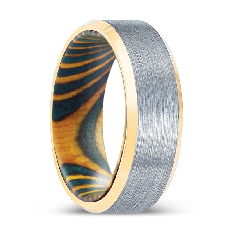 Women’s handmade wedding ring-TREEBEARD | Green & Yellow Wood, Brushed, Silver Tungsten Ring, Gold Beveled Edges