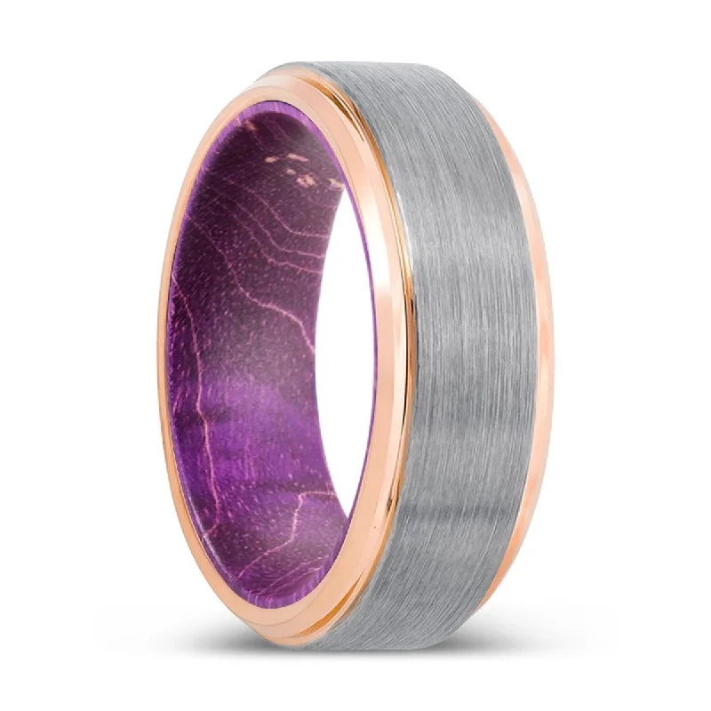 Women’s wedding ring with gemstones-DAVER | Purple Wood, Silver Tungsten Ring, Brushed, Rose Gold Stepped Edge