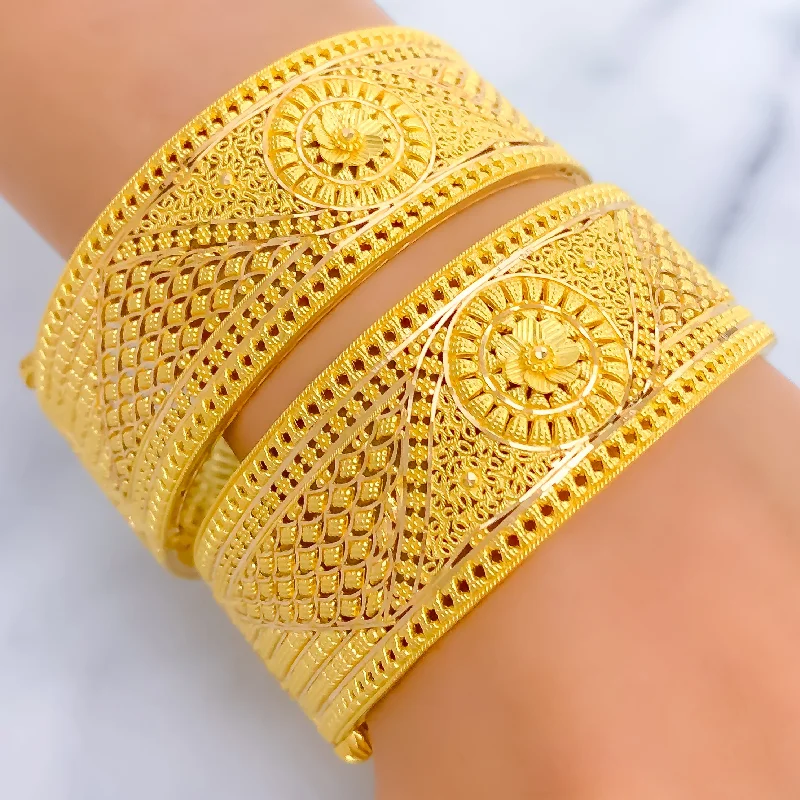 Women’s bangles with diamonds-Royal Mesh Floral 22k Gold Bangle Pair