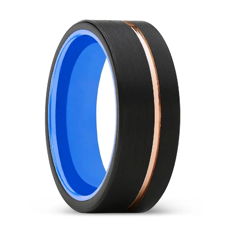 Women’s wedding ring for men-VELATRIX | Blue Ring, Black Tungsten Ring, Rose Gold Offset Groove, Brushed, Flat