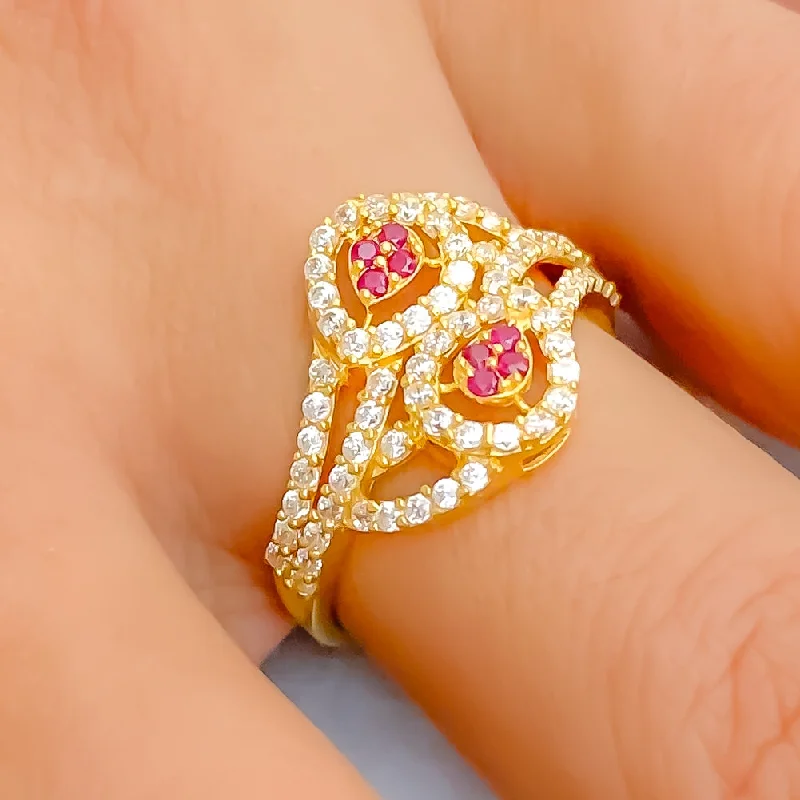 Women’s rose gold wedding ring-Fashionable Blooming 22k Gold CZ Statement Ring