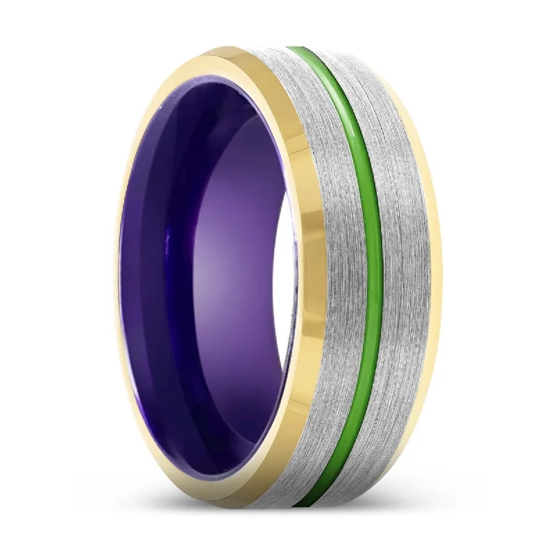 Women’s eternity diamond ring-TEMPLAR | Purple Ring, Silver Tungsten Ring, Green Groove, Gold Beveled Edge