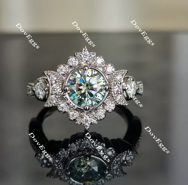 Women’s oval engagement rings-Doveggs round art deco Peacock blue moissanite engagement ring