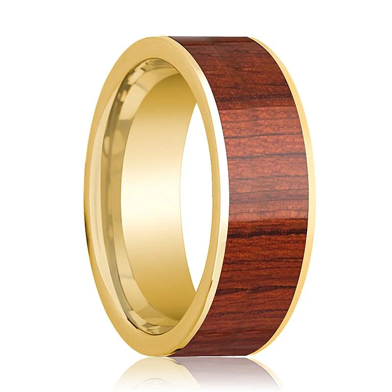 Women’s silver wedding ring-Men's Flat 14k Yellow Gold Wedding Band with Padauk Wood Inlay Polished Finish - 8MM