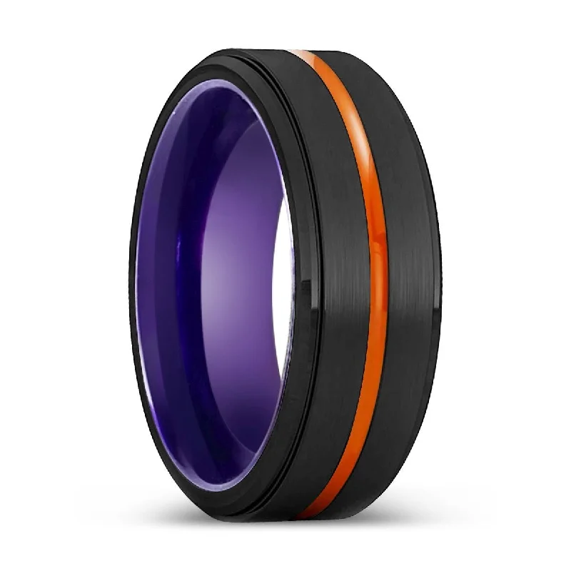 Women’s unique diamond ring-SALEM | Purple Ring, Black Tungsten Ring, Orange Groove, Stepped Edge