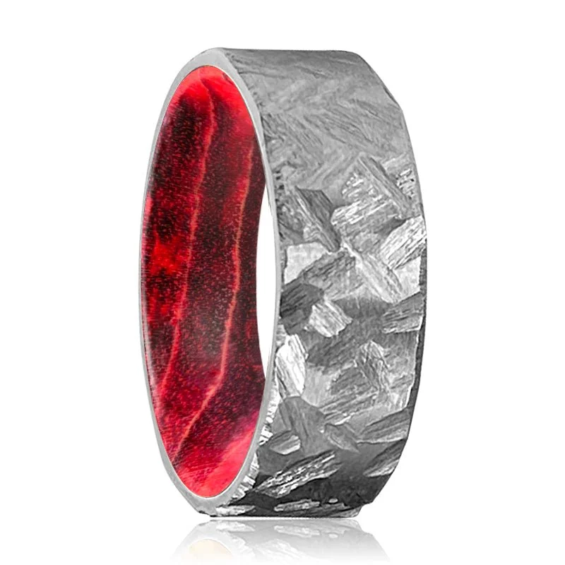 Women’s large diamond ring-LIGON | Black & Red Wood, Silver Titanium Ring, Hammered, Flat